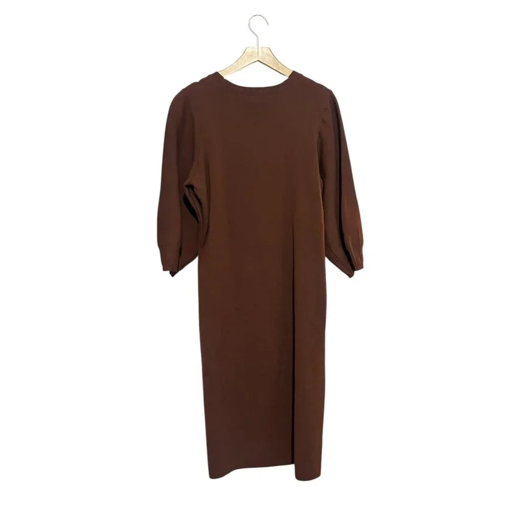 Express Chocolate Brown Sweater Dress Size XL Puff Sleeve Modest Office - Picture 3 of 6